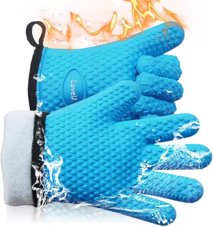 Kitchen Oven Gloves - Dual-Layer Heat Resistant Grilling Gloves, Silicone Oven Mitts with 5 Fingers, Waterproof Non-Slip Pot Holder for Barbecue, Cooking, Baking (Small, Blue)