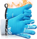 Kitchen Oven Gloves - Dual-Layer Heat Resistant Grilling Gloves, Silicone Oven Mitts with 5 Fingers, Waterproof Non-Slip Pot Holder for Barbecue, Cooking, Baking (Small, Blue)