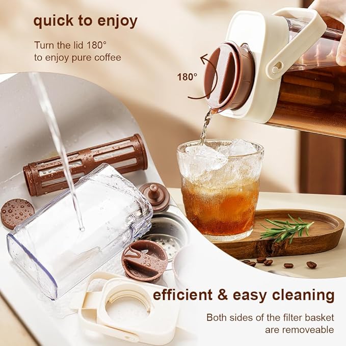 Cold Brew Coffee Maker, 1L/35oz Portable & Durable Iced Tea and Coffee Brewer, Leak-Proof & BPA-Free, Removable Mesh Filter For Easy Cleaning & Using, Dishwasher Safe, Space Saving.