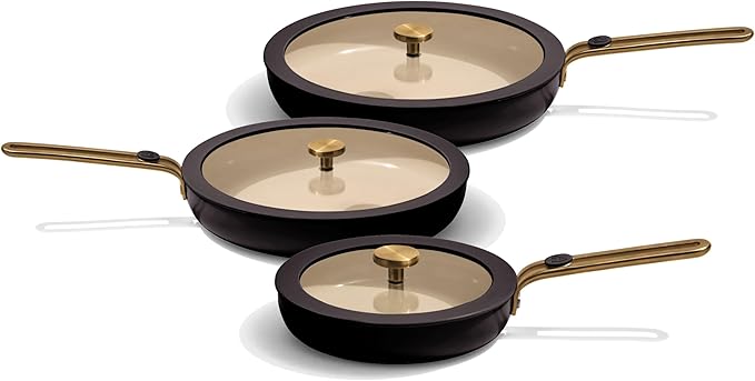 Our Place 8-Piece Essentials Complete Cookware Set - Ceramic Fry Pan Trio & Modular Rack Storage | Nontoxic Thermakind™ Nonstick, Oven Safe up to 450°F & Compatible with All Cooktops | Char