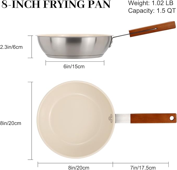 MARSKITOP Nonstick Frying Pan, 8 Inch Stainless Steel Fry Pan with Ceramic Coating and Wooden Handle, Healthy Non Toxic Skillet, Induction Compatible, PFOA Free