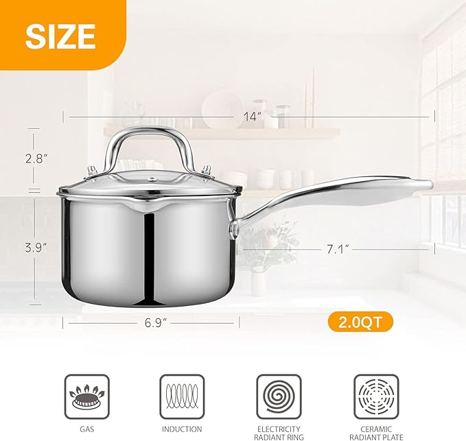Tri-Ply Stainless Steel Sauce Pan with Steamer Basket & Straining Glass Lid — Heavy-Duty, Thick Base,Rust-Resistant,Warp-Free —100% Food-Grade —Built to Last– Works with All Stovetops, Pasta Pot 2 QT