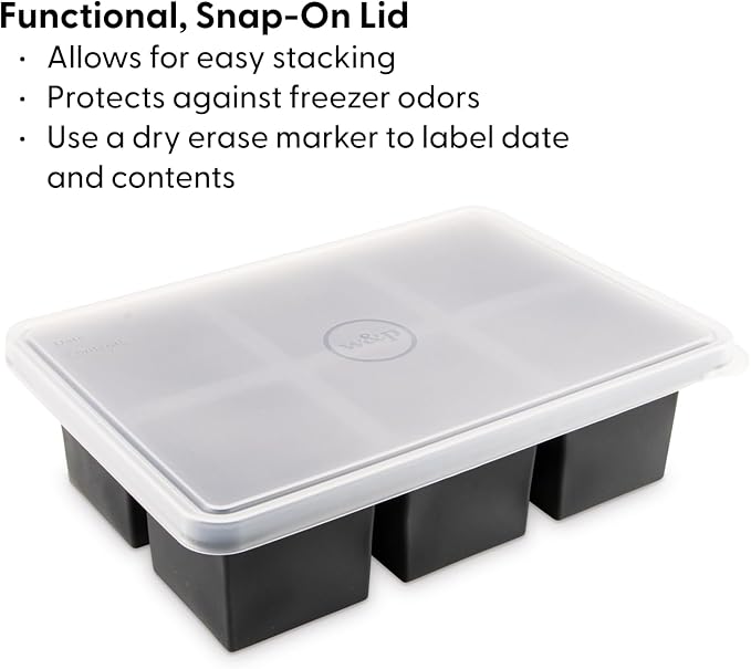 W&P Cup Cubes Silicone Freezer Tray with Lid, Charcoal, Makes 6 Perfect 1-Cup Portions, Freeze & Store Soup, Broth, Sauce, Leftovers, Dishwasher Safe