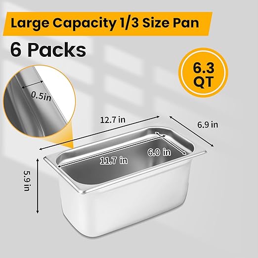1/3 Hotel Pans 6 Inch Deep Stainless Steel Food Pan - Anti-Jam 6 Pack Steam Table Pan Set for Catering, Buffet Use, Kitchen Prep