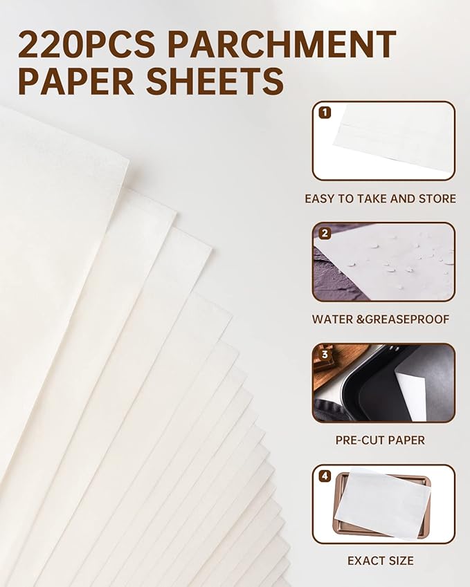 220 Pcs 12x16 In Parchment Paper Sheets, Baklicious Pre-cut Non-Stick Parchment Baking Paper for Air Fryer, Oven, Bakeware, Steaming, Cooking Bread, Cupcake, Meat, Cookies