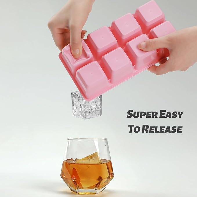 Large Ice Cube Molds 2 Pack, FURNSII Silicone Ice Cube Tray for Freezer with Lid, 8 Giant Square Cubes, Easy Release Stackable Ice Molds for Whisky Cocktails (Pink)