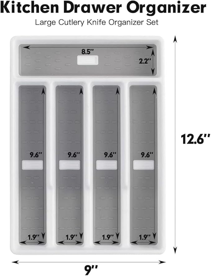 Cutesun Silverware Drawer Organizer Tray, Desktop Plastic Drawer Storage, Cutlery Storage for Kitchen Drawer, Flatware and Utensil Holder Divider for Spoons Forks Knives Tableware, 5 Compartment, Gray