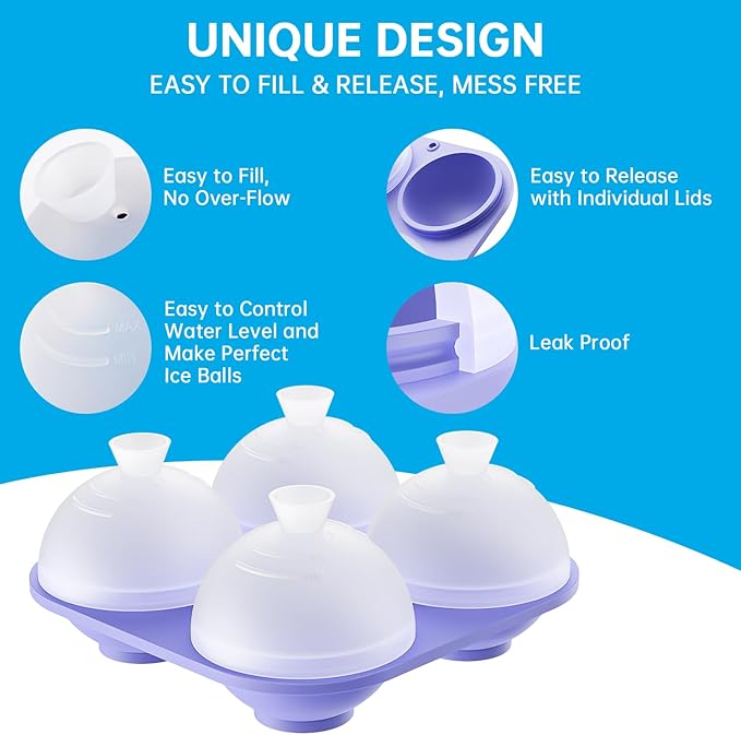 HONYAO Whiskey Ice Ball Mold, 4 x 2.4 Inch Large Ice Ball Maker Mold, Food Grade Silicone Round Ice Cube Mold - BPA Free, Easy to Fill & Release Sphere Ice Cube Tray for Cocktails Bourbon Rum - Purple