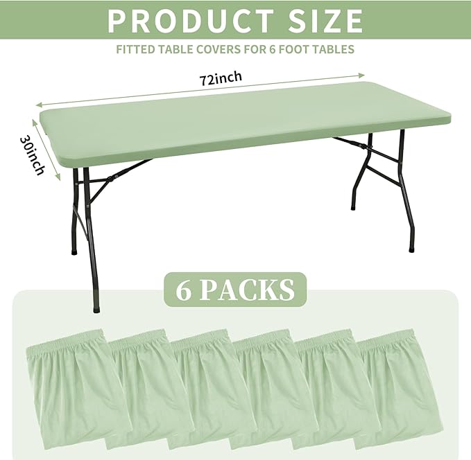 6 Pack Stretch Fabric Table Top Cap Cover, fits 6' Tables, Spandex Table Covers Washable Elastic Rectangle Tablecloth Protector for Indoor Outdoor Party Picnic Wedding, Sage Green, 30" W x 72" L