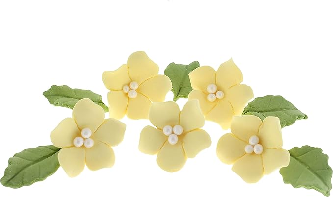 Global Sugar Art Blossoms and Leaves Edible Sugar Cake & Cupcake Flowers, Yellow, Small Unwired, 24 Count with Leaves by Chef Alan Tetreault