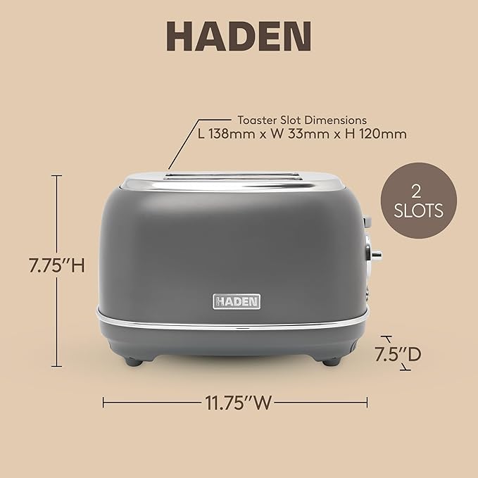 Haden Chelsea 2 Slice Wide Slot Toaster with Adjustable Browning Control, Grey & Chrome
