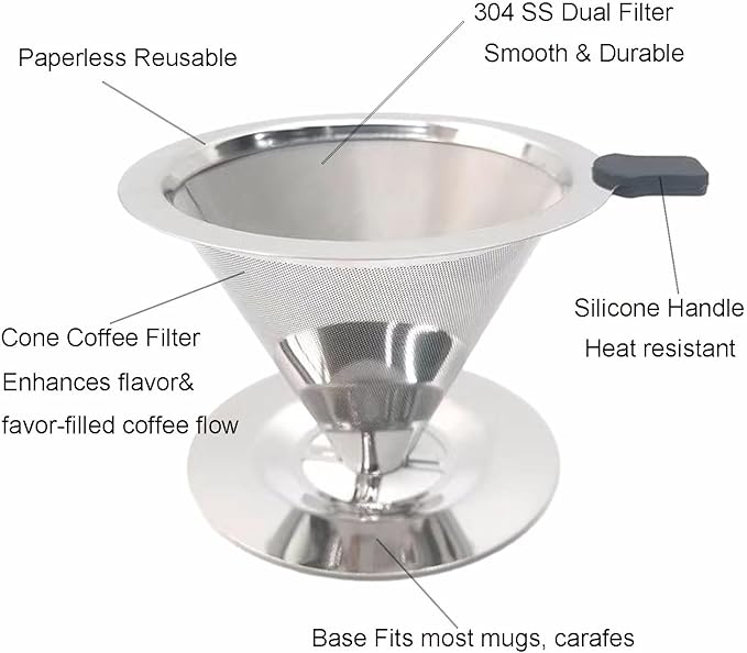 Slow Drip Paperless Coffee Filter, Pour Over Coffee Dripper, Reusable Pour Over Coffee Maker for Single Cup Brew, Double Mesh Design of Stainless Steel Cone Filter, with Clean Brush (1-4 cups)