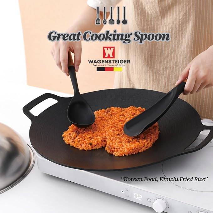 Set of 2pc Silicone Cooking Utensils: Wooden Handle Cooking & Serving Spoon+ Multi-Purpose Cooking Spoon, Heat Resistant Cooking Utensil, BPA Free, Safe Material for All Cooking Surfaces