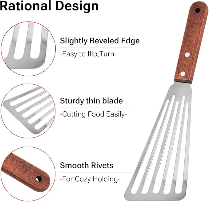 Stainless Steel Fish Spatula with Wooden Handle, Metal Spatula Flipping Foods, Slotted Fish Flipper, Brown 1 Pack