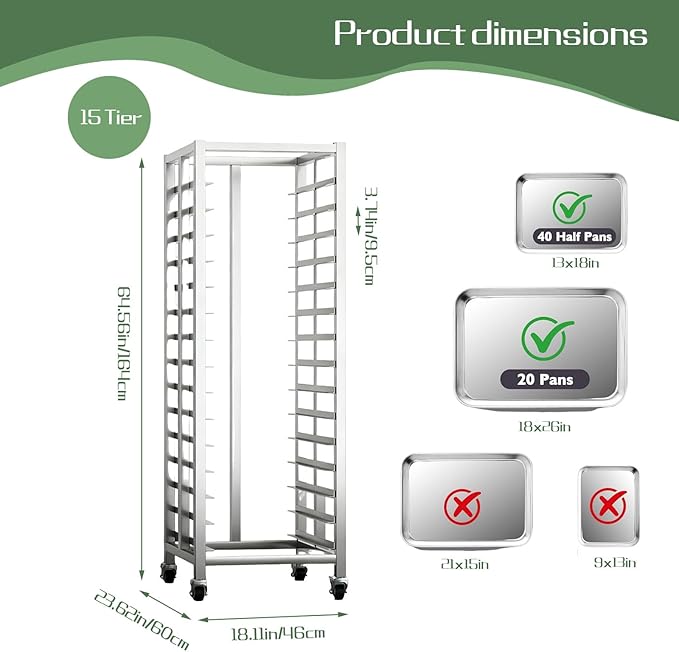 Bun Pan Rack, Commercial Bakery Sheet Rack with Brake Wheels, 15-Tier Stainless Steel Baking Tray Food cart ，for Bakeries Restaurant & Catering（Trays Not Included） ﻿ (15 Tier)
