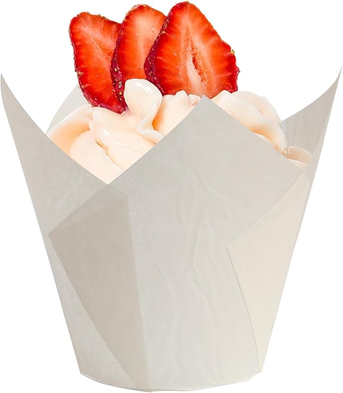 Tulip Cupcake & Muffin Liners – 50gsm Mini Floral Baking Cups – 250 Pcs Natural & Non Toxic Paper Wrappers for Wedding, Bakery, & Party Supplies, White, by BHI Packaging