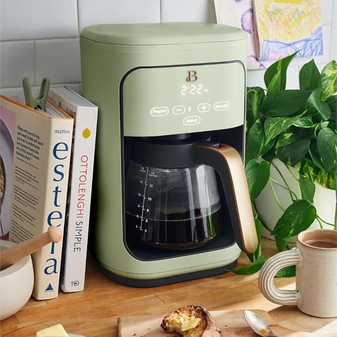 Beautiful by Drew Barrymore 14-Cup Programmable Drip Coffee Maker, Touch-Activated Display, Fast 14-Min Brew, Bold Strength, Keep Warm 4hrs, Gold Filter (Sage Green)