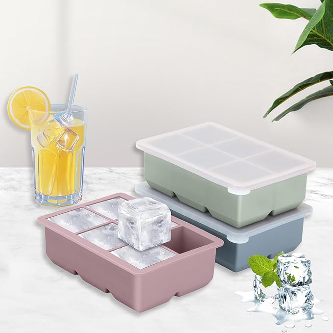 Large Silicone Ice Cube Trays with Lid, 6 Big Ice Cubes per Tray, Include 19.5cm/7.7in Ice Tongs - Perfect for Freezer, Whiskey, Cocktails