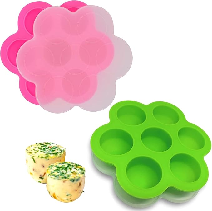 GOKCEN's Silicone Egg Bite Molds [2 Pack] Instant Pot Accessories - Fit Instant Pot 5,6,8 qt Pressure Cooker - Food Freezer Tray with Lid - Reusable Storage Container (Pink & Green - Egg Bite Mold)