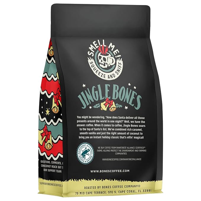 Bones Coffee Company Jingle Bones, Caramel Vanilla Coconut Flavored Coffee, Medium Roast Low Acid Arabica Beans Compatible with Auto drip and French Press Coffee Maker, 12 Oz Ground