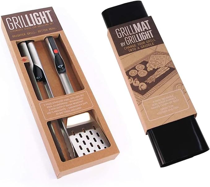 Grillight Grilling Essential Combo Gift Set: LED Light Spatula, Tongs & Bonus GrillMat | Restaurant Grade Stainless Steel Tools w/ Built-In LED Flashlight | Turn Grill into Griddle | Grill in the Dark