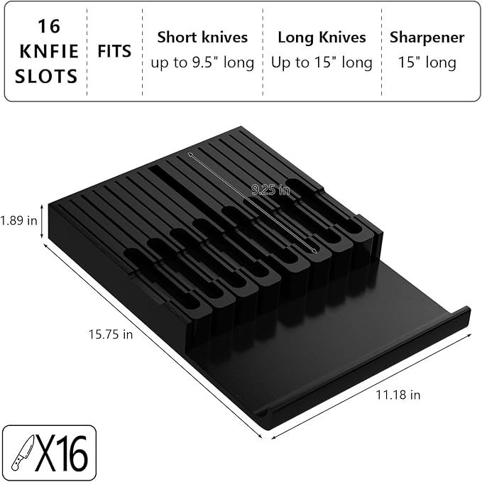 Domax Bamboo In-drawer Knife Block - Knife Drawer Organizer Insert Large Handle Steak Knife Holder, Kitchen Drawer Knife Organizer Fits for 16 knives and 1 Sharpening Steel (Not Included), Black