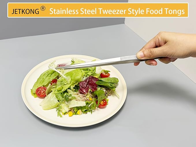 JETKONG 9 Inch Stainless Steel Kitchen Tweezers Multi-function Precision Serrated Tips Cooking Tweezers Chef Plating Tongs
