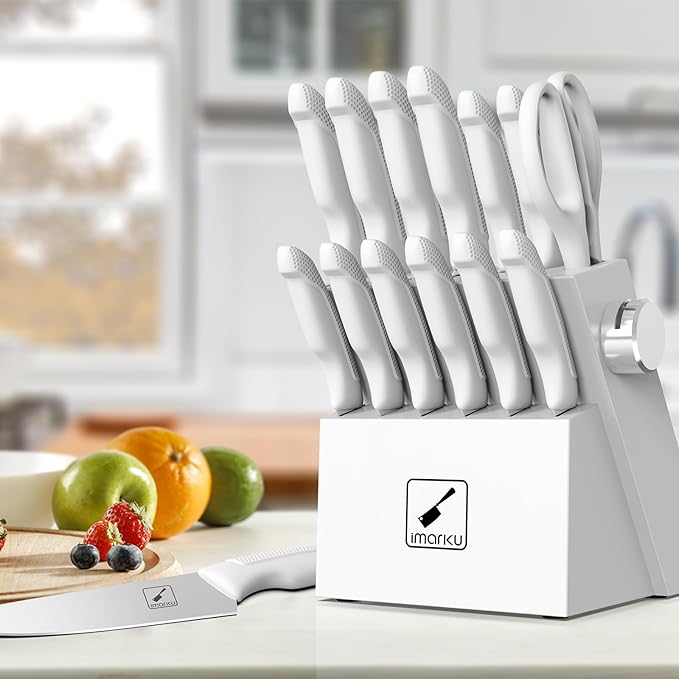 imarku Knives Set for Kitchen, Kitchen Knife Set with Block, Knife Block Set White, Home Essentials, Kitchen Essentials for First Apartment, Anti-slip handle, Dishwasher Safe