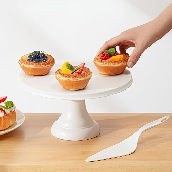 JOYMAY 9.6 Inch Bamboo Fiber Cake Stand, Round Cake Holder, Cake Plate with Detachable Base, Dessert Table Display Set, Cake Decorating for Birthday Party Baking Gifts for 6inch, 8inch Cakes (White)