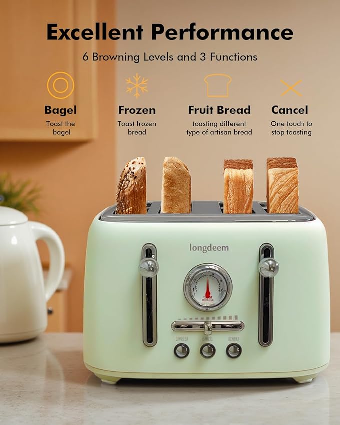 LONGDEEM Retro 4-Slice Toaster 1.6" Wide Slots - 6 Toast Settings with Bagel Function, Stainless Steel Body, Defrost/Cancel Button & Crumb Tray, Vintage Green