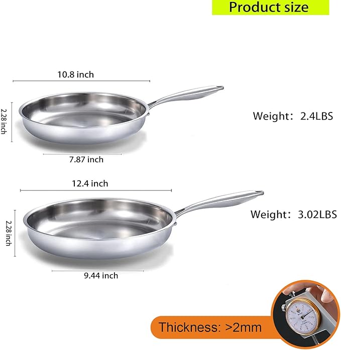 DELARLO Tri-Ply Stainless Steel 10inch and 12inch Frying Pan, Oven safe induction skillet,pots and pans set,Suitable for All Stove (Detachable Handle)