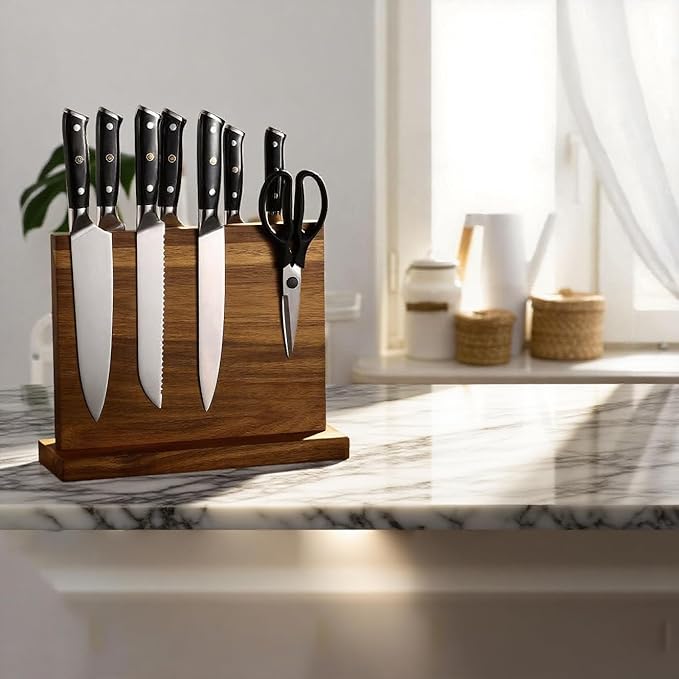 Magnetic Knife Block Stand, Kitchen Counter Organizer, Double-Sided Kitchen Knife Holder, Acacia Wood, Universal Storage Organizer, 11.7 x 8.6 x 4 inches