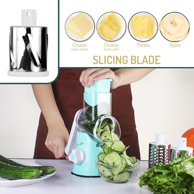 Rotary Cheese Grater with Handle Vegetable Shredder Round Kitchen Slicer Mandoline Grater for Vegetable, Nuts, Chocolate, Cheese, White, 3 Stainless Steel Blades