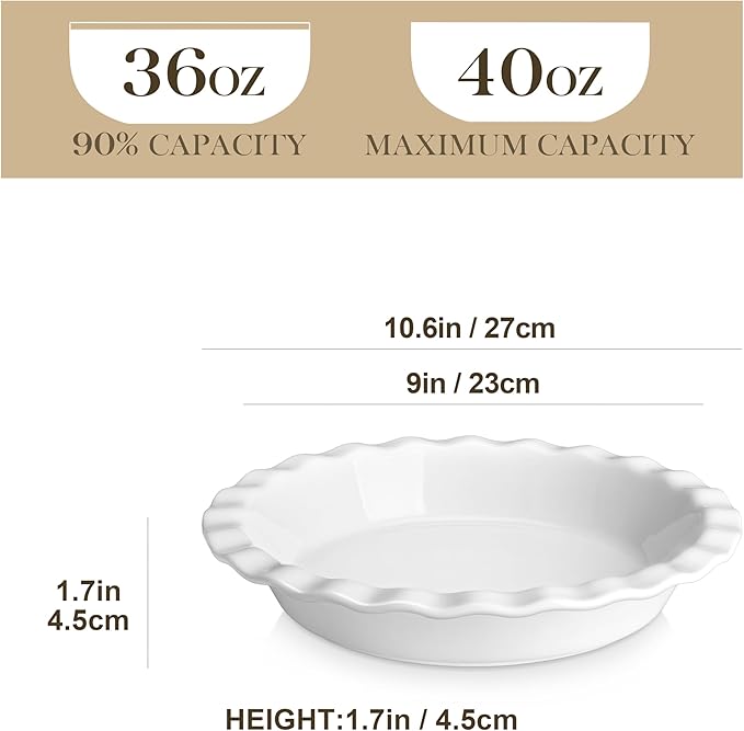 MALACASA Ceramic Pie Pan Set of 2, 9 inch, 40 oz Round Pie Dishes with Fluted Edges, Non Stick, For Quiche, Apple Pies, Pot Pies & More
