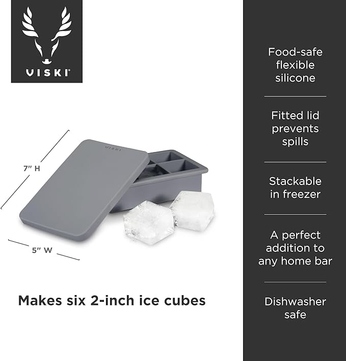 Viski Whiskey Ice Cube Tray with Lid, Large Makes Six 2-Inch Ice Molds, Perfect for Cocktails, Whiskey, Bourbon, and More, Stackable Silicone Molds for Home Bar and Parties, Set of 1, Grey