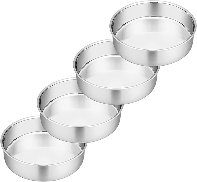 P&P CHEF Cake Pan Set of 4, Stainless Steel Baking Round Cake Pans Tins Bakeware for Birthday Wedding, Leak-proof & Easy Clean, Mirror Finish & Easy Releasing, 6 Inch