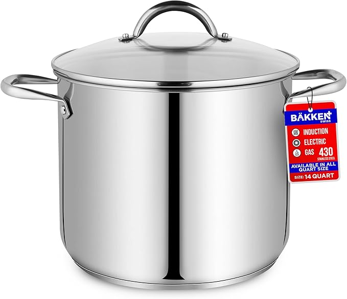 Stainless Steel Stockpot with Tempered Glass Lid 14 Quart, Durable 18/0 Stainless Steel, Impact-Bonded Base for Even Heating, Riveted Handles, Oven & All Stove Compatible, Safe Up To 500°F (260°C)