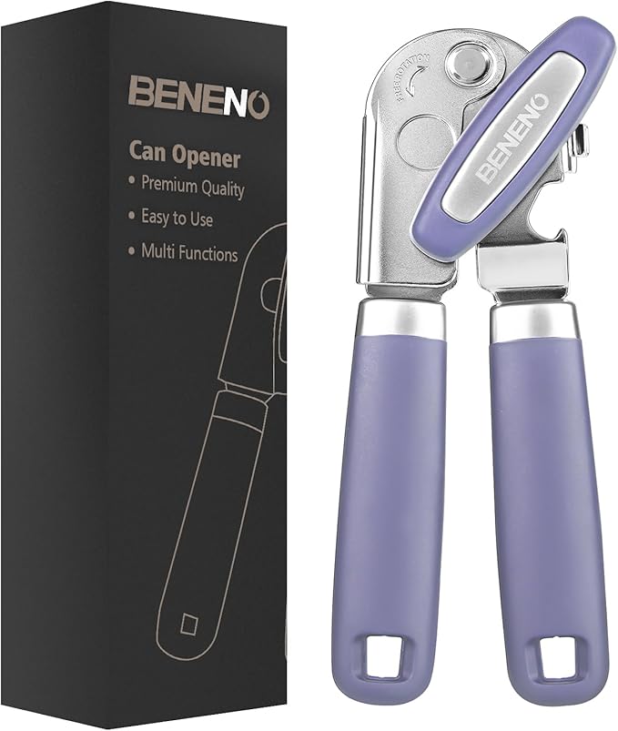 Beneno Heavy Duty Hand Can Opener Manual with Magnet, Durable Sharp Carbon Steel Blade Smooth Cutting, Big Effort-Saving Knob, Soft Grip Handle, Multifunctional Kitchen Tool with Bottle Opener, Purple