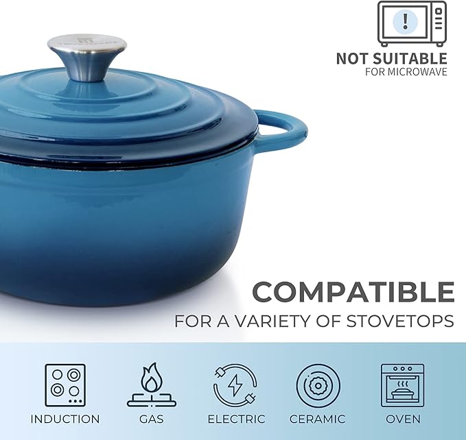 Trustmade 4.5 QT Cast Iron Dutch Oven, Enamel Coated Cookware Pot with Self Basting Lid for Home Baking, Braiser, Cooking, Blue