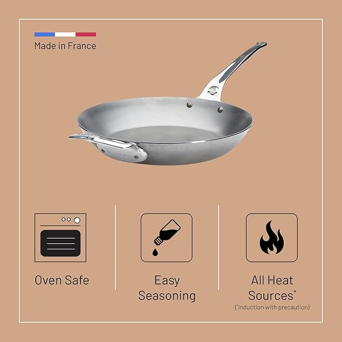 De Buyer MINERAL B Pro Carbon Steel Country Fry Pan with Helper Handle - 12.5” Diameter, 9” Cooking Surface - Ideal for Sauteing, Simmering, Frying - PFAS, PFOA, PFOS Free - Made in France