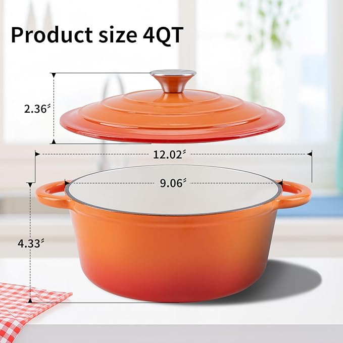 Enameled Cast Iron Dutch Oven Pot with Lid Heavy-Duty Cookware for Bread Baking, Braising, Stews, Roasting,4QT，orange