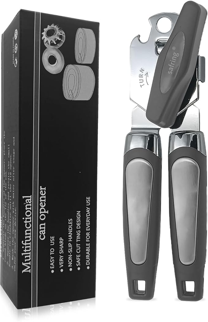 Can Opener Manual, Handheld Strong Heavy Duty Stainless Steel Can Opener, Comfortable Handle, Sharp Blade Smooth Edge, Can Openers with Multifunctional Bottle Opener, Gray