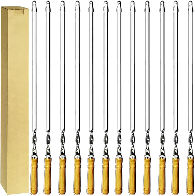 Antallcky 12 Pack Kebab Skewers 23.5 Inch BBQ Barbecue Skewers Stainless Steel Sticks Heavy Duty Large Wide Reusable with Nonslip Wooden Handle Ideal for Shish Kabob Chicken Shrimp and Vegetables