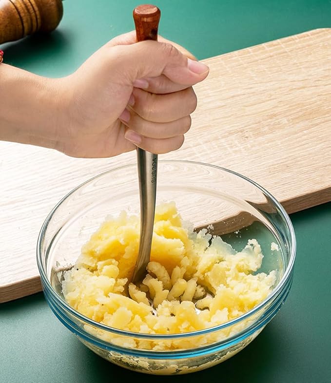 Avocado Masher Stainless Steel Small, Mini Potato Masher, Wooden Handle Potatoes Masher Kitchen Tool for Avocado, Potatoes, Beans, Vegetables, 8.7Inch Metal Mashing Utensil