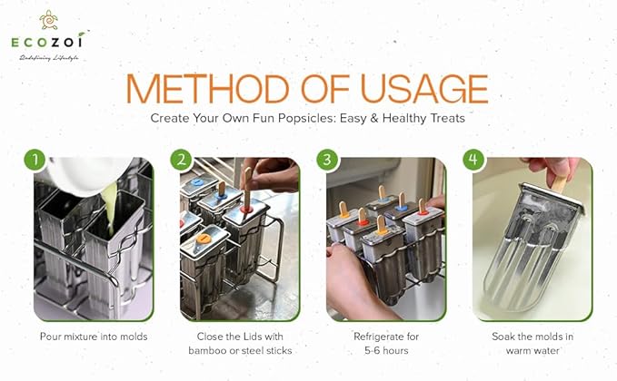 ecozoi Stainless Steel Popsicle Molds and Rack - 10 Square Ice Pop Makers + 50 Reusable Bamboo Sticks + 20 Silicone Seals + 1 Cleaning Brush + 1 Rack
