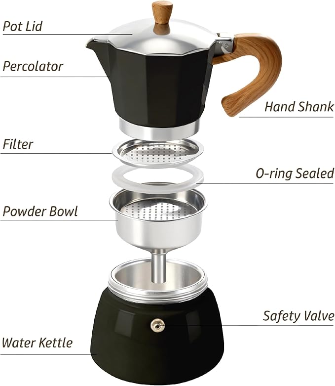 AGOGO Milano Moka Pot, Stovetop Espresso Maker, Greca, Coffee Percolator, Turkish Coffee Maker with Paper Filter 6 Cup Black