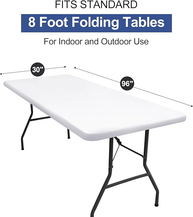 homing Rectangle Table Cloth Cover, Waterproof Polyester Elastic Fitted Tablecloth, Fits for 8 Foot Folding Tables, Washable Table Protector for Picnic, Camping, Outdoor (White, 30" x 96")