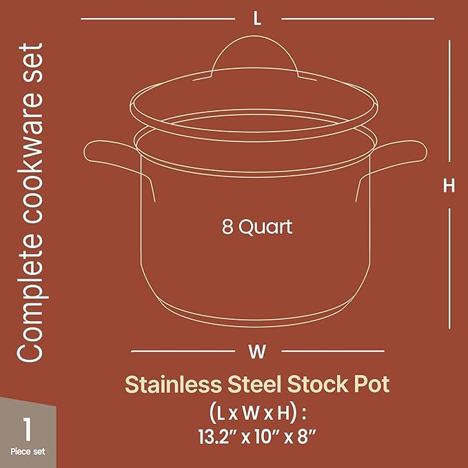 Stainless Steel Stockpot with Tempered Glass Lid 8 Quart, Durable 18/0 Stainless Steel, Impact-Bonded Base for Even Heating, Riveted Handles, Oven & All Stove Compatible, Safe Up To 500°F (260°C)