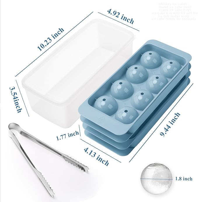 Round Ice Cube Mold,2 x 8 PCS x 1.8'' Whiskey Ice Cubes,Circle Ice Cube Tray with Lid and Bin,Sphere Ice Ball Maker Mold,Large Ice Cube Molds for Cocktails,Coffee(Whiskey Ice Cubes Mold,Blue)