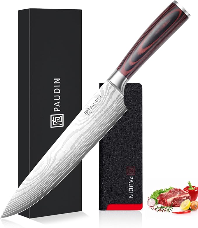 PAUDIN Chef Knife - 9 Inch Sharp Kitchen Knife with Sheath, High Carbon Stainless Steel Japanese cooking knives with Ergonomic Handle, Premium Gift Box